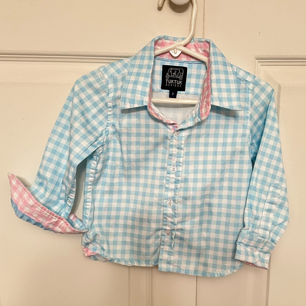 TukTuk Kids Blue Gingham Button-Down Shirt with Pink Trim